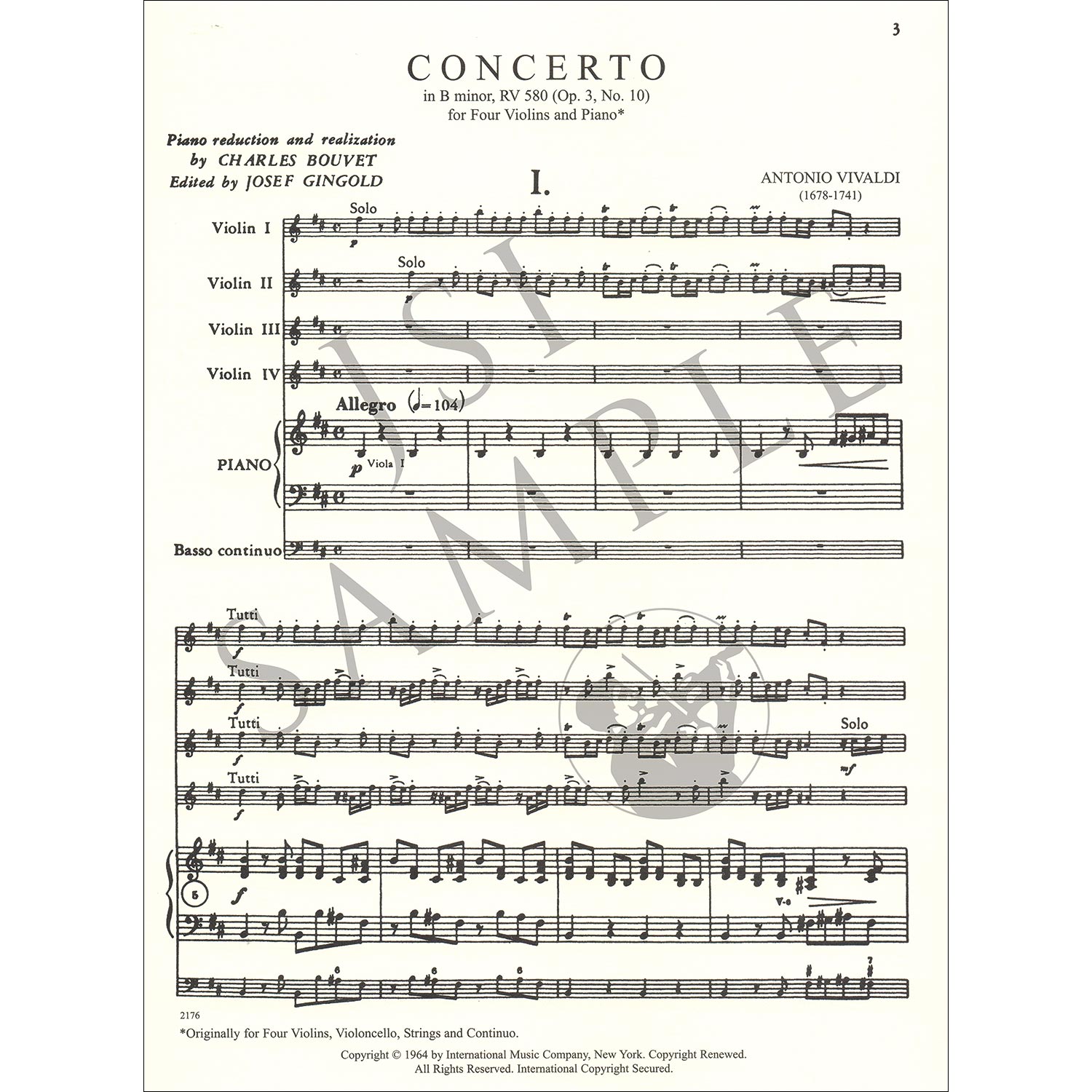 Concerto in B Minor, Op.3 No. 10, RV 580, 4 violins; Antonio Vivaldi Johnson String Instrument