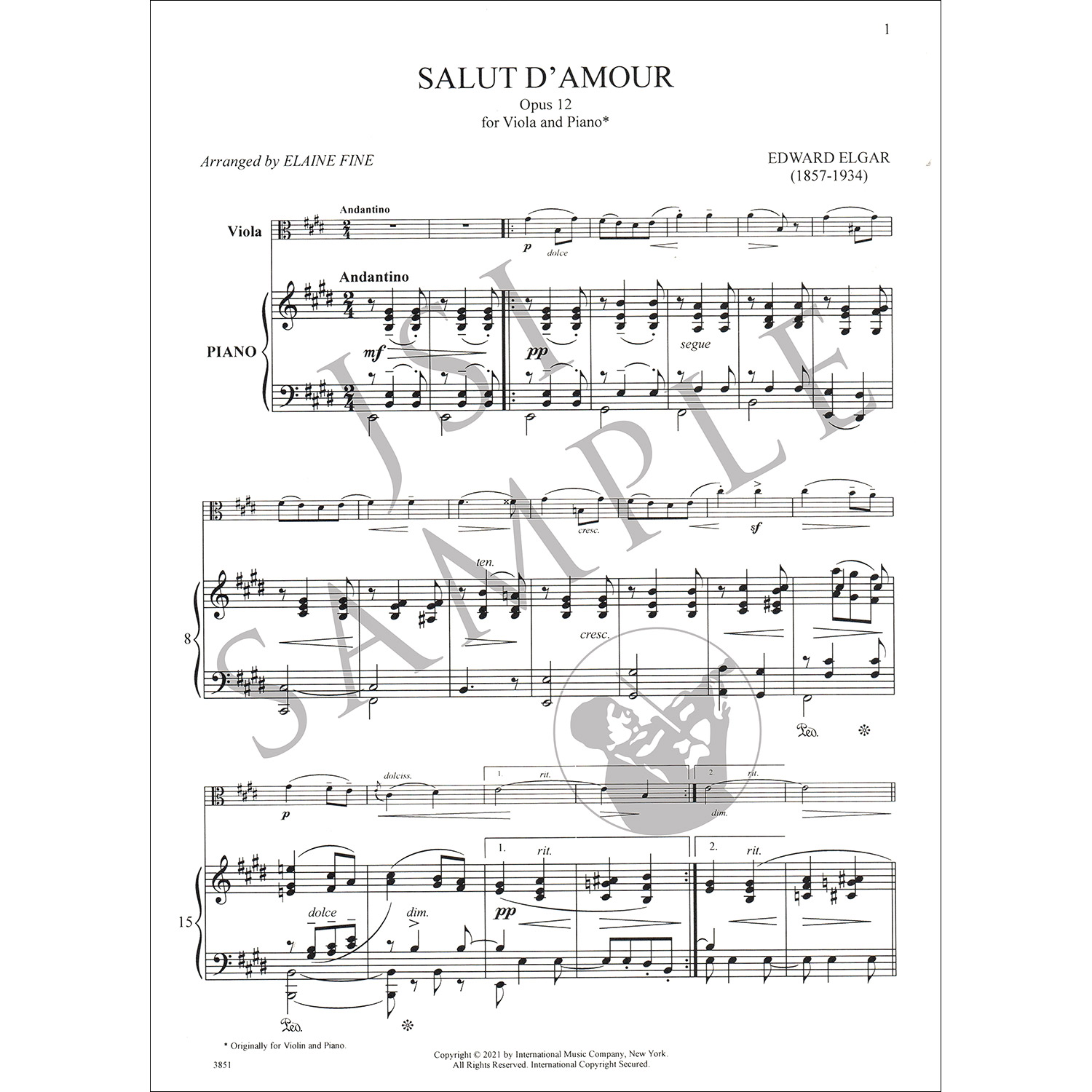 Salut Damour Opus 12 For Viola And Piano Edward Elgar International Johnson String Instrument 0570