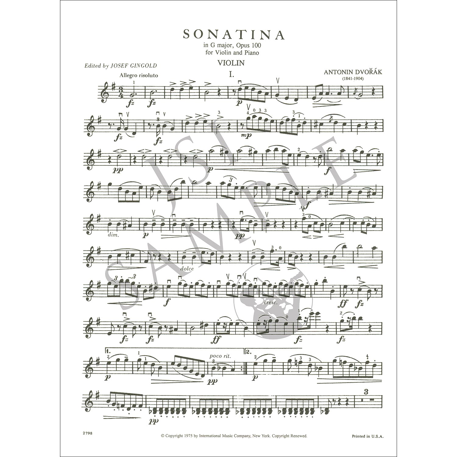 Sonatina Op 100 In G Major For Violin And Piano Gingold Antonin Dvorak International 0793