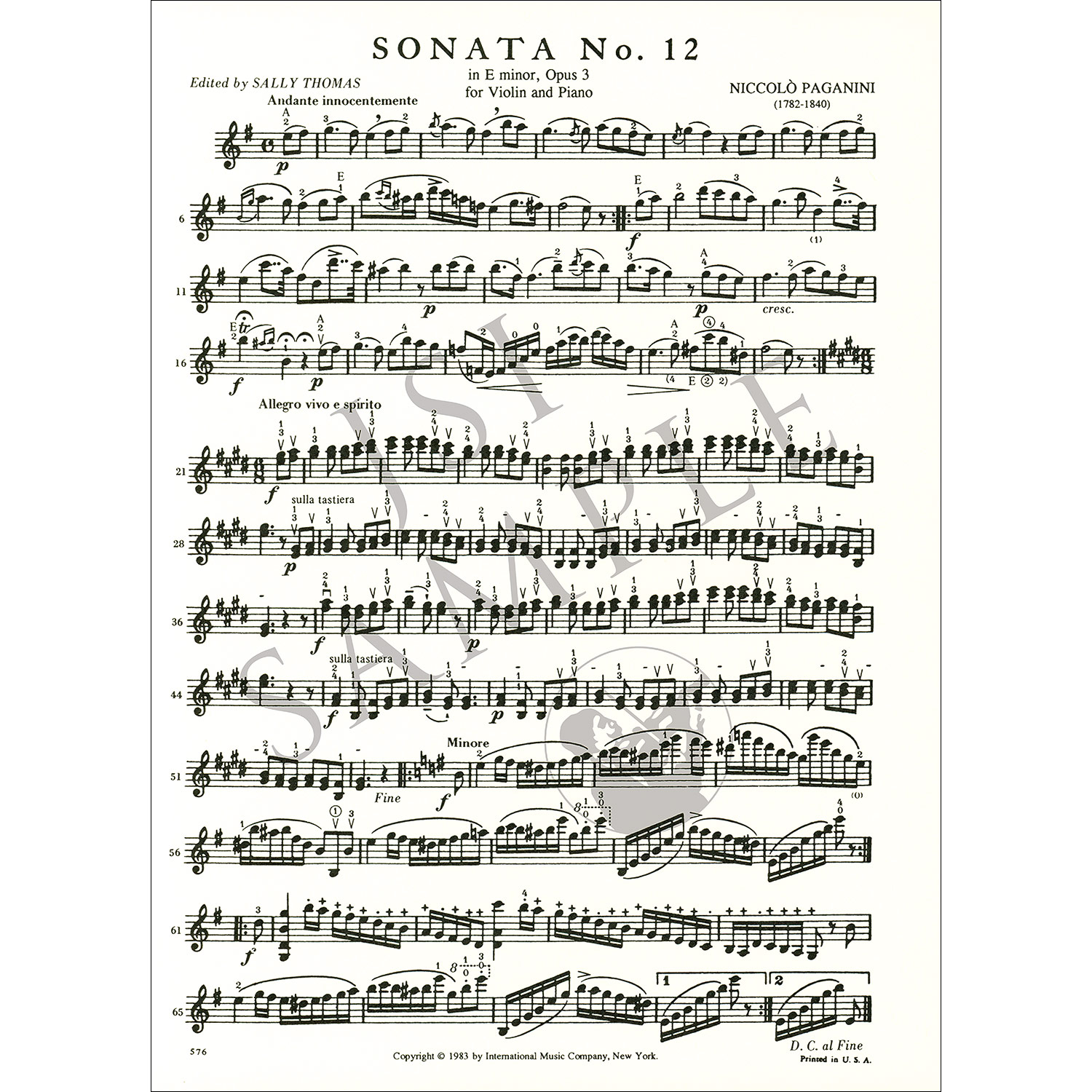 Sonata No. 12 in E Minor, Op. 3, violin and piano; Niccolo Paganini |  Johnson String Instrument