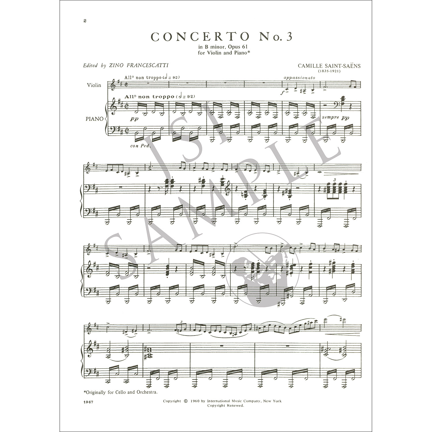 Concerto No. 3 In B Minor, Op.61 For Violin And Piano; Camille Saint ...