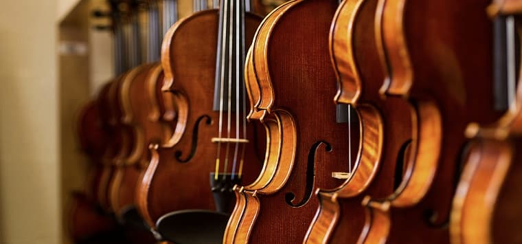 Row of violins in a cabinet